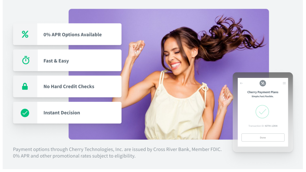 Smiling woman with Cherry Financing benefits listed: 0% APR, fast approval, no hard credit checks, instant decision