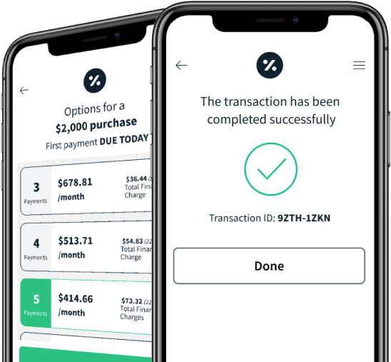 Mobile phone screens showing Cherry payment app with flexible financing options and a successful transaction confirmation for a $2,000 purchase.